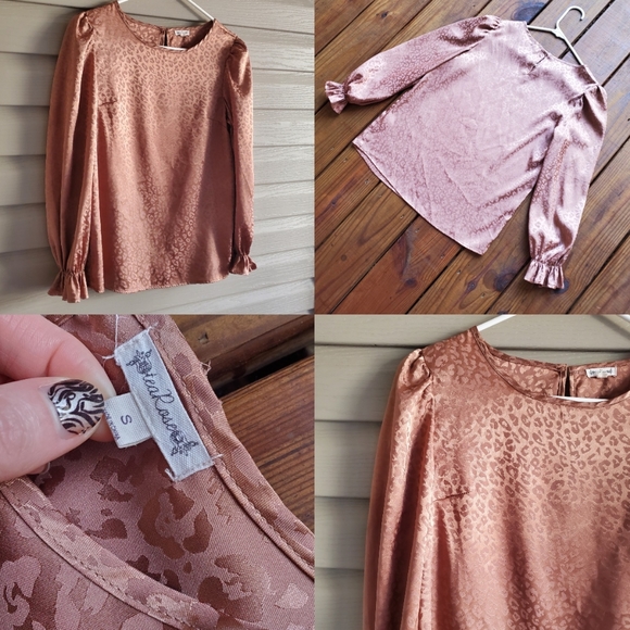 Tea Rose size Small shiney blush pink leopard print long sleeve blouse top - Picture 5 of 5